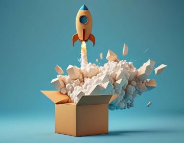 Rocket taking off from cardboard box on blue background, 3D illustration, Generative ai